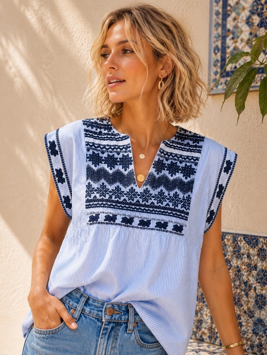 THML Tops - THML Embroidered Striped Boho Tunic Top Sz M Blue White Anthropologie Style
